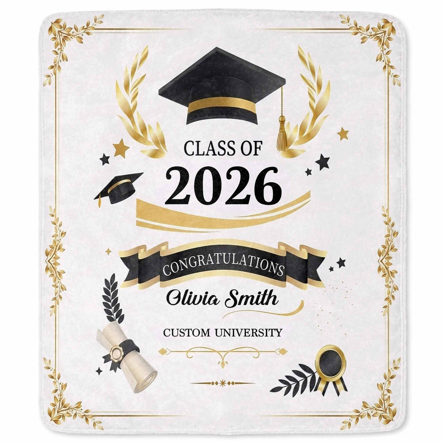 Class Of Congratulations Graduation Cap And Diploma Laurel Frame - Personalized Custom Blanket - GRAD484_BLK