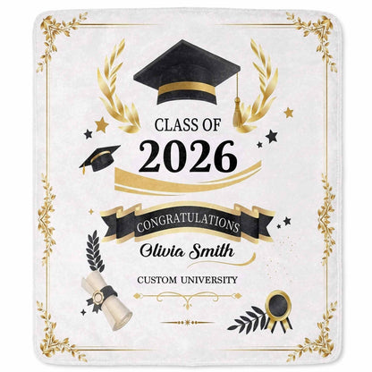 Class Of Congratulations Graduation Cap And Diploma Laurel Frame - Personalized Custom Blanket - GRAD484_BLK