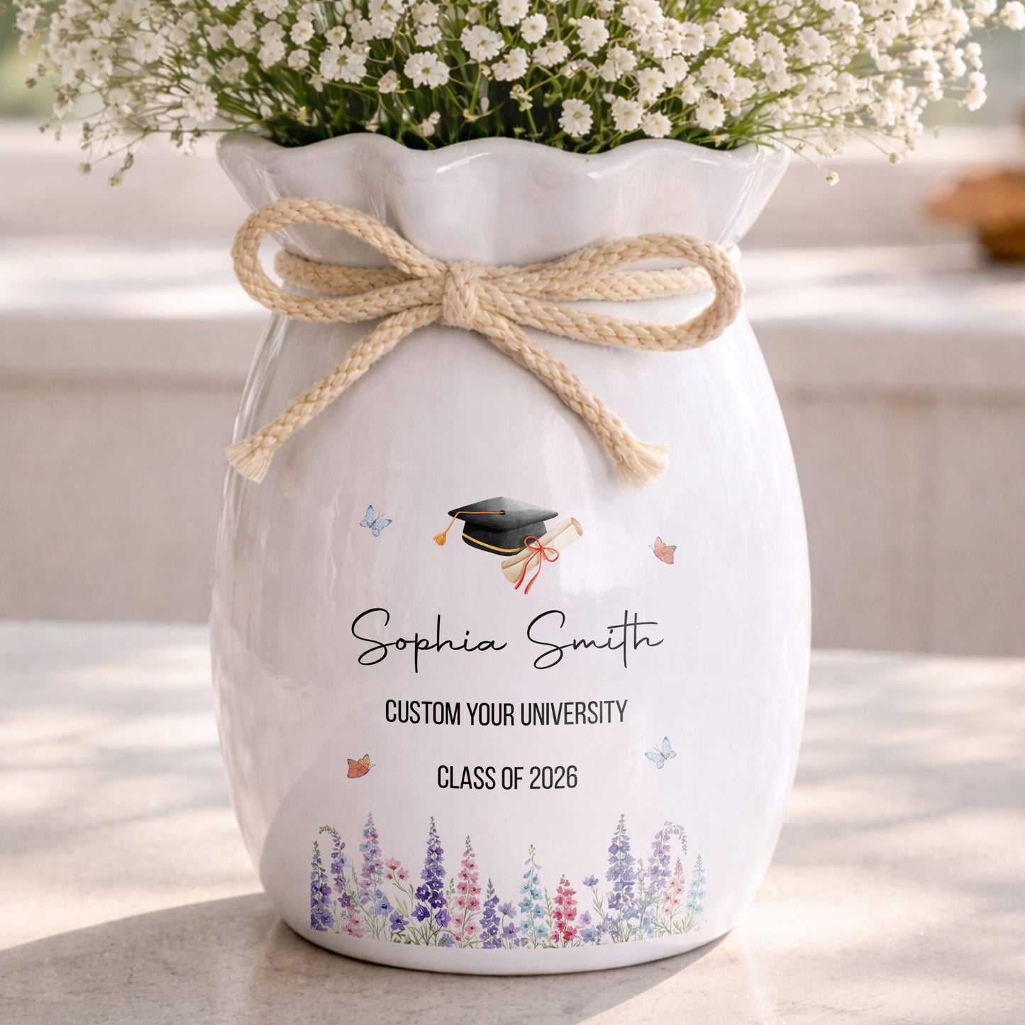 Congratulations On Your Graduation Cap And Birth Month Flowers - Personalized Ribbon Tie Flower Vase - GRAD487_RICVA