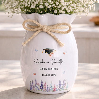 Congratulations On Your Graduation Cap And Birth Month Flowers - Personalized Ribbon Tie Flower Vase - GRAD487_RICVA