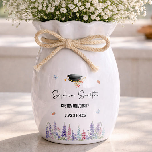 Congratulations On Your Graduation Cap And Birth Month Flowers - Personalized Ribbon Tie Flower Vase - GRAD487_RICVA