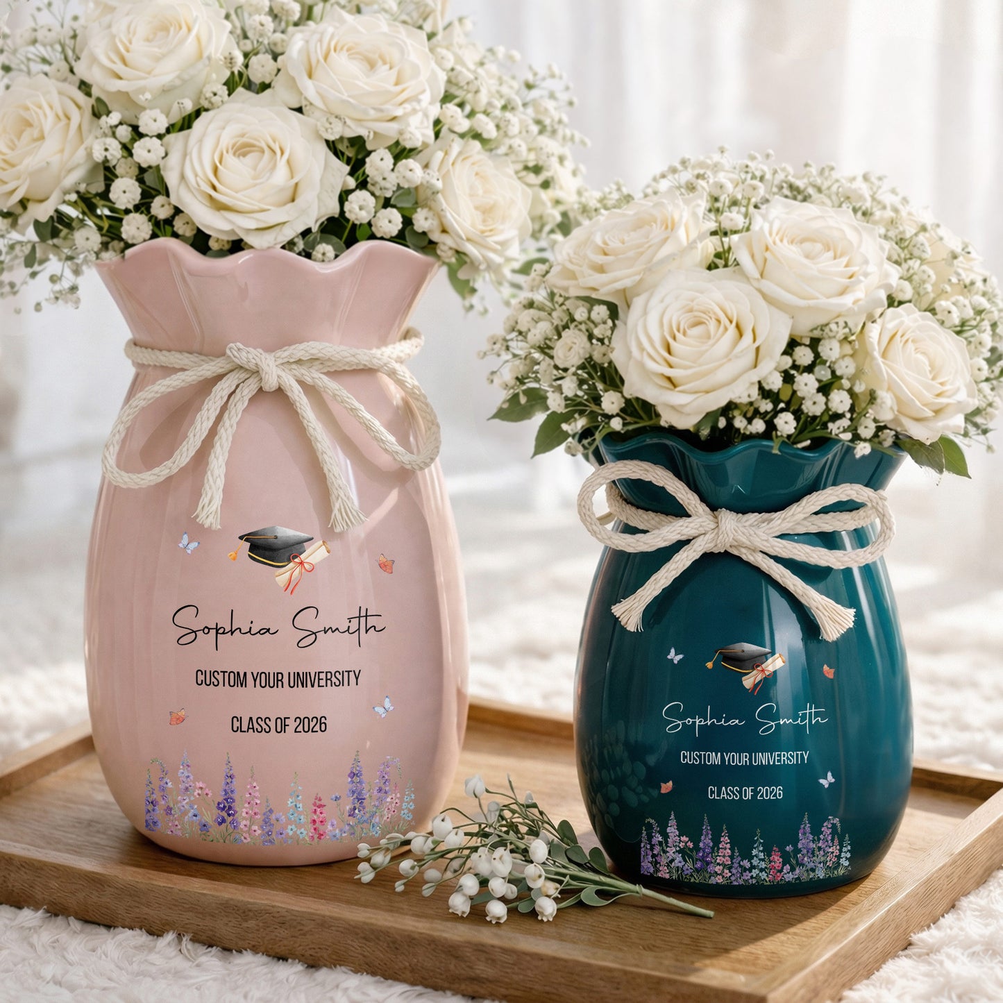 Congratulations On Your Graduation Cap And Birth Month Flowers - Personalized Ribbon Tie Flower Vase - GRAD487_RICVA