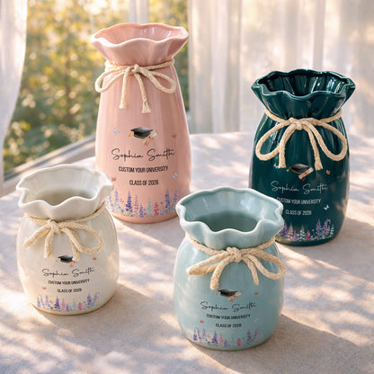 Congratulations On Your Graduation Cap And Birth Month Flowers - Personalized Ribbon Tie Flower Vase - GRAD487_RICVA
