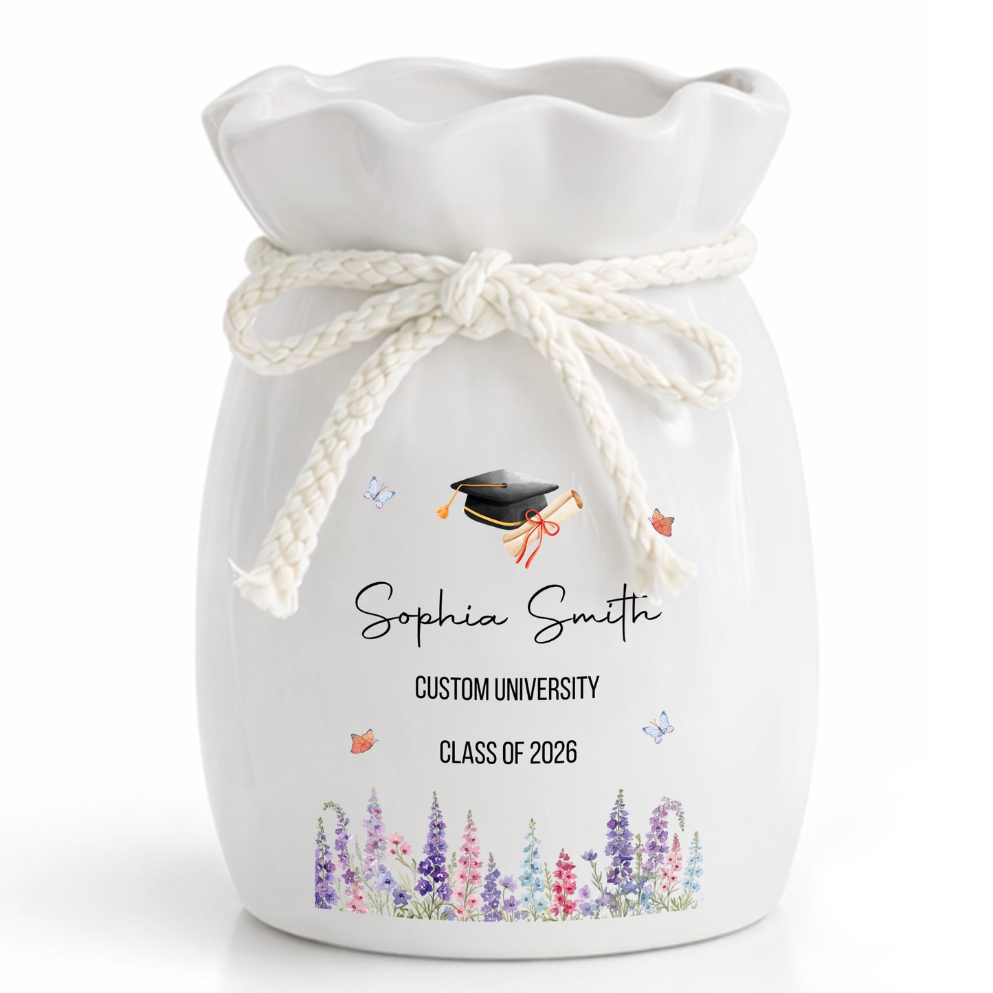 Congratulations On Your Graduation Cap And Birth Month Flowers - Personalized Ribbon Tie Flower Vase - GRAD487_RICVA