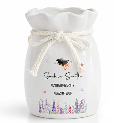 Congratulations On Your Graduation Cap And Birth Month Flowers - Personalized Ribbon Tie Flower Vase - GRAD487_RICVA