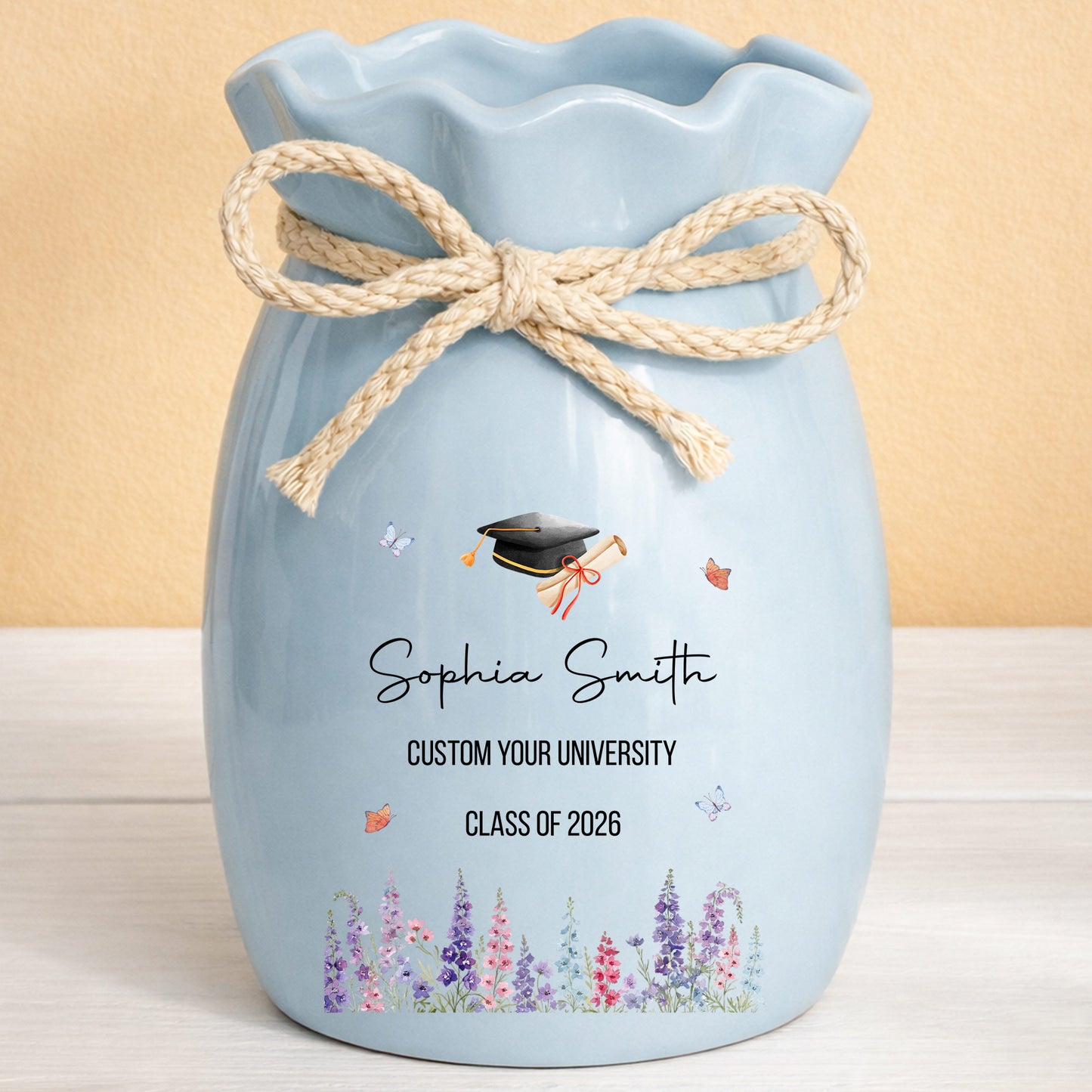 Congratulations On Your Graduation Cap And Birth Month Flowers - Personalized Ribbon Tie Flower Vase - GRAD487_RICVA