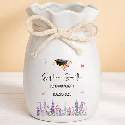 Congratulations On Your Graduation Cap And Birth Month Flowers - Personalized Ribbon Tie Flower Vase - GRAD487_RICVA