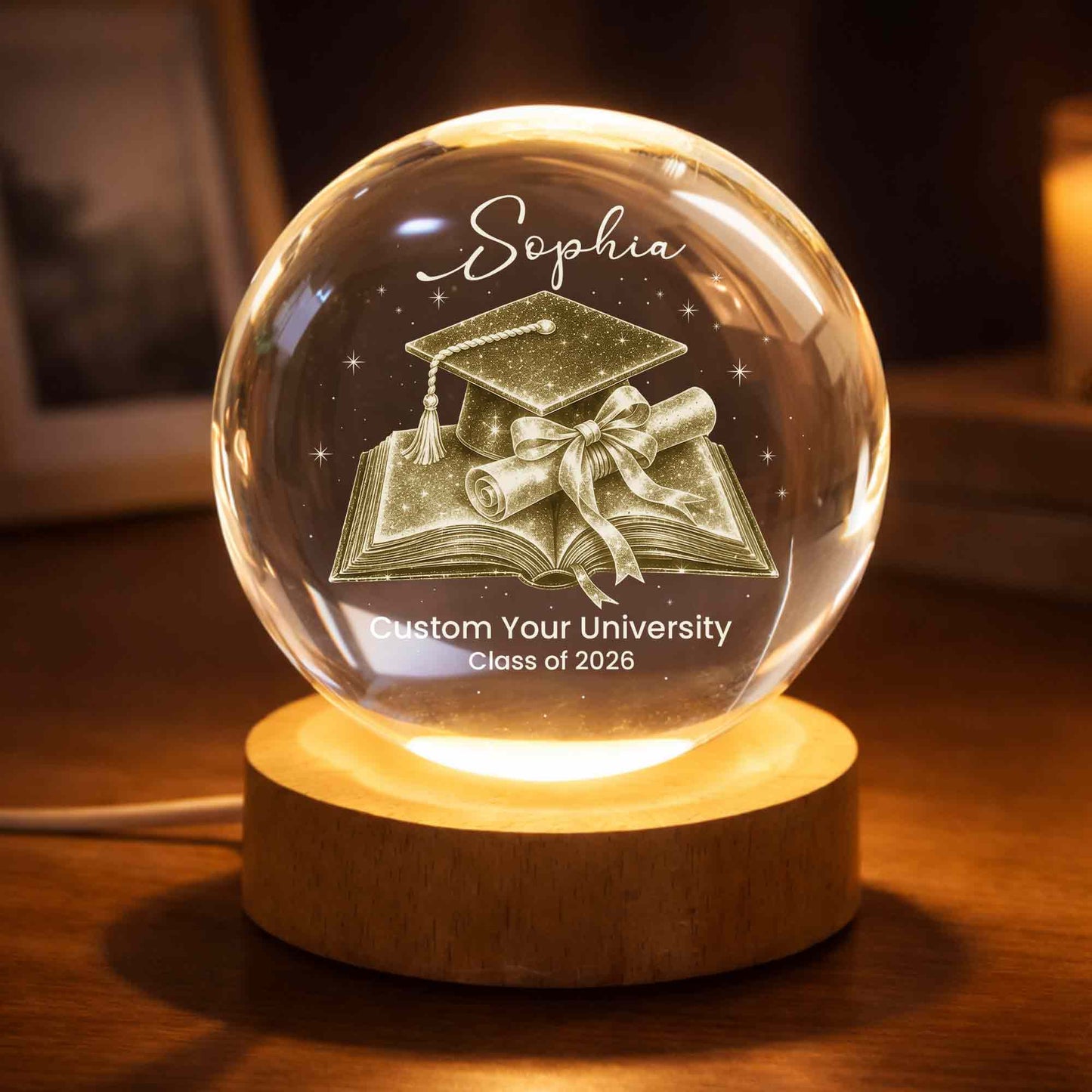 Class Of Graduate University Student Graduation Cap Diploma Book - Custom Crystal Globe Lamp - GRAD492_GLAMP