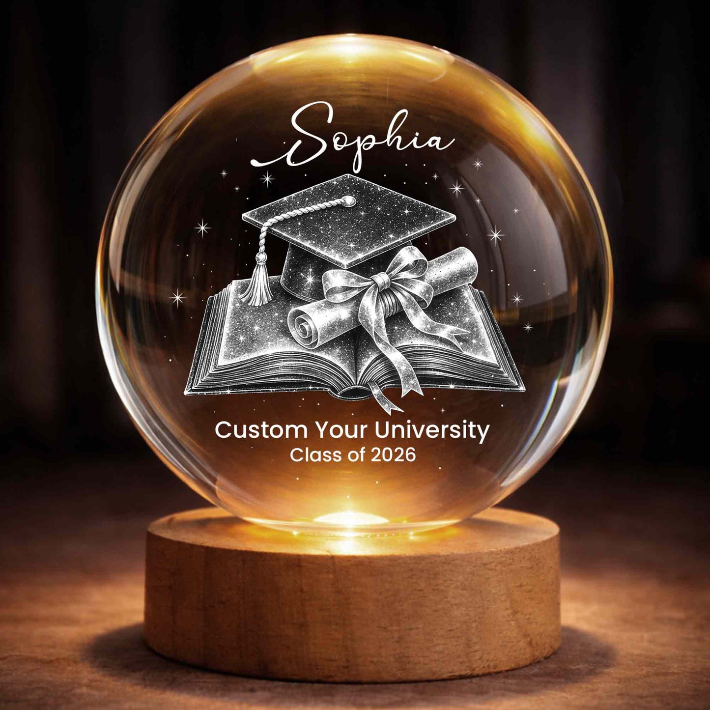 Class Of Graduate University Student Graduation Cap Diploma Book - Custom Crystal Globe Lamp - GRAD492_GLAMP