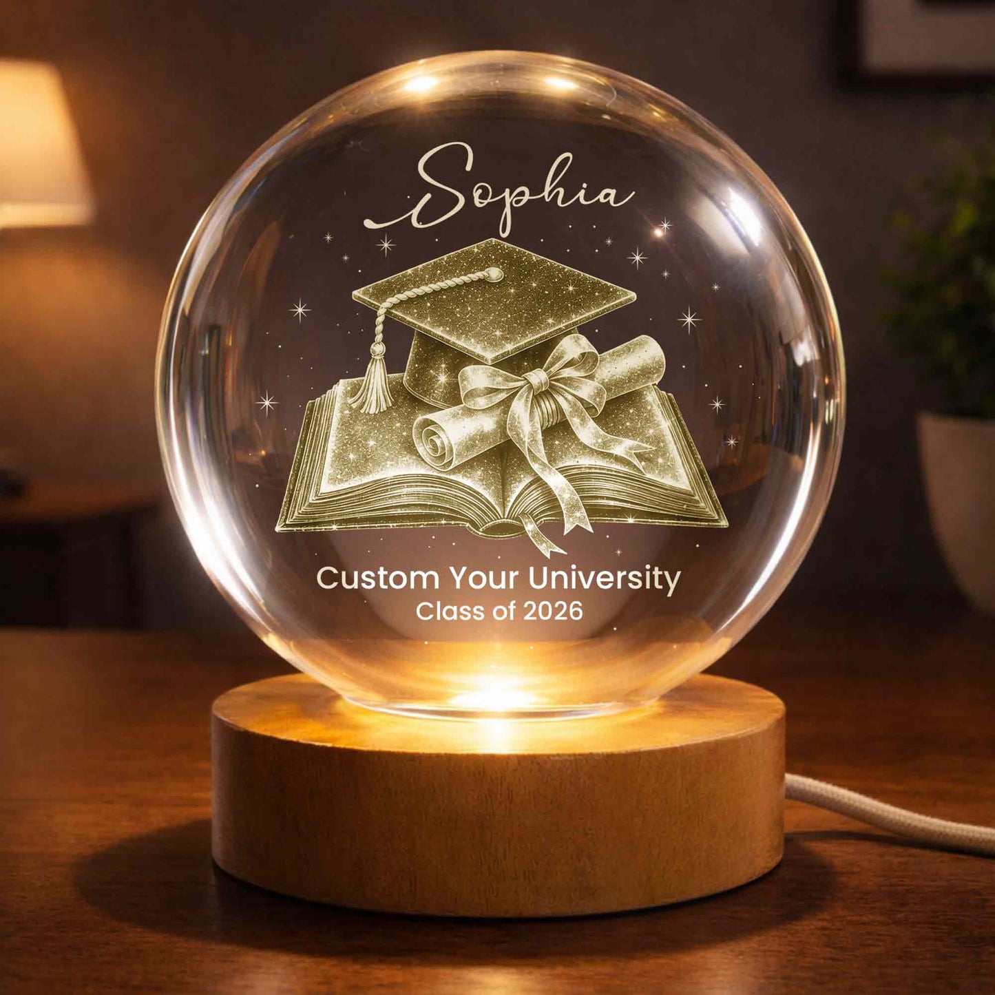Class Of Graduate University Student Graduation Cap Diploma Book - Custom Crystal Globe Lamp - GRAD492_GLAMP