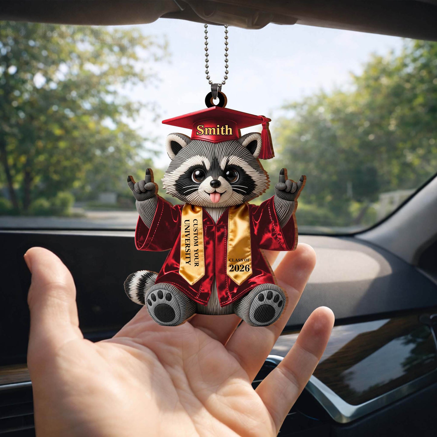 Class of Graduate Raccoon With Custom Name And University Sash - Personalized Custom Wood Ornament, Car Hanging Ornament - GRAD512_WCA
