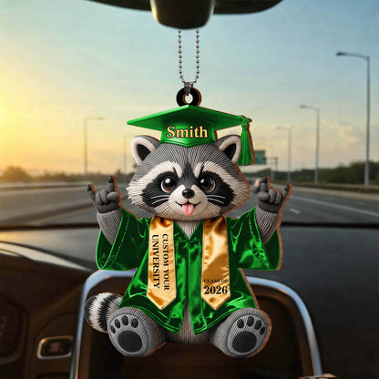 Class of Graduate Raccoon With Custom Name And University Sash - Personalized Custom Wood Ornament, Car Hanging Ornament - GRAD512_WCA