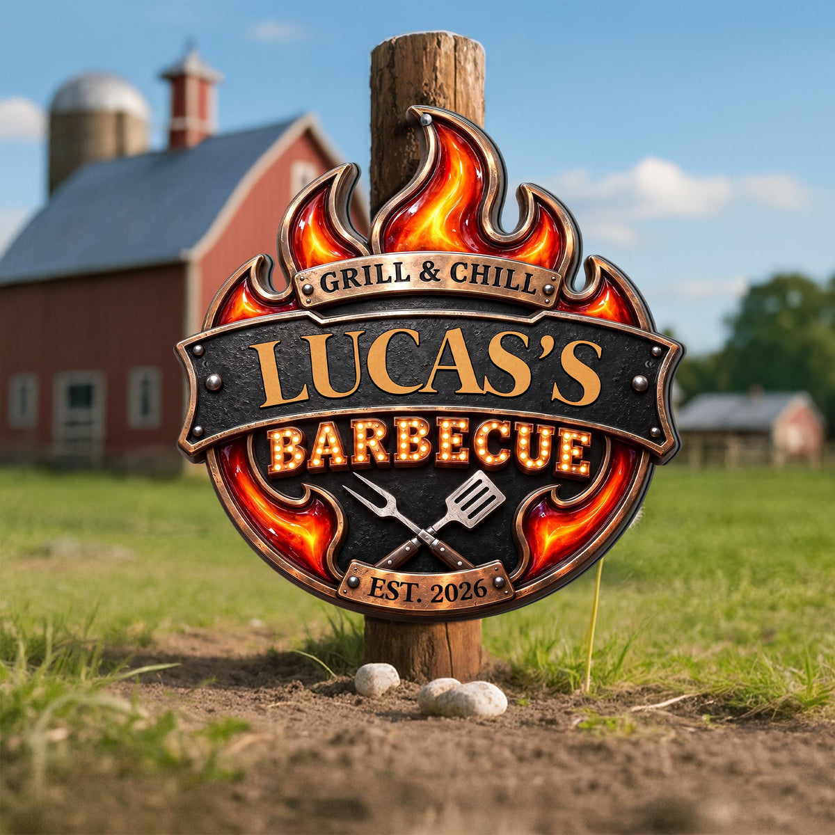 Grill & Chill Barbecue Flame With Spatula And Fork - Personalized Custom Shaped Metal Sign - GRILL019_CUMES