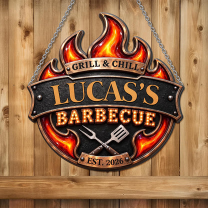 Grill & Chill Barbecue Flame With Spatula And Fork - Personalized Custom Shaped Metal Sign - GRILL019_CUMES