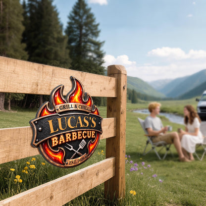 Grill & Chill Barbecue Flame With Spatula And Fork - Personalized Custom Shaped Metal Sign - GRILL019_CUMES