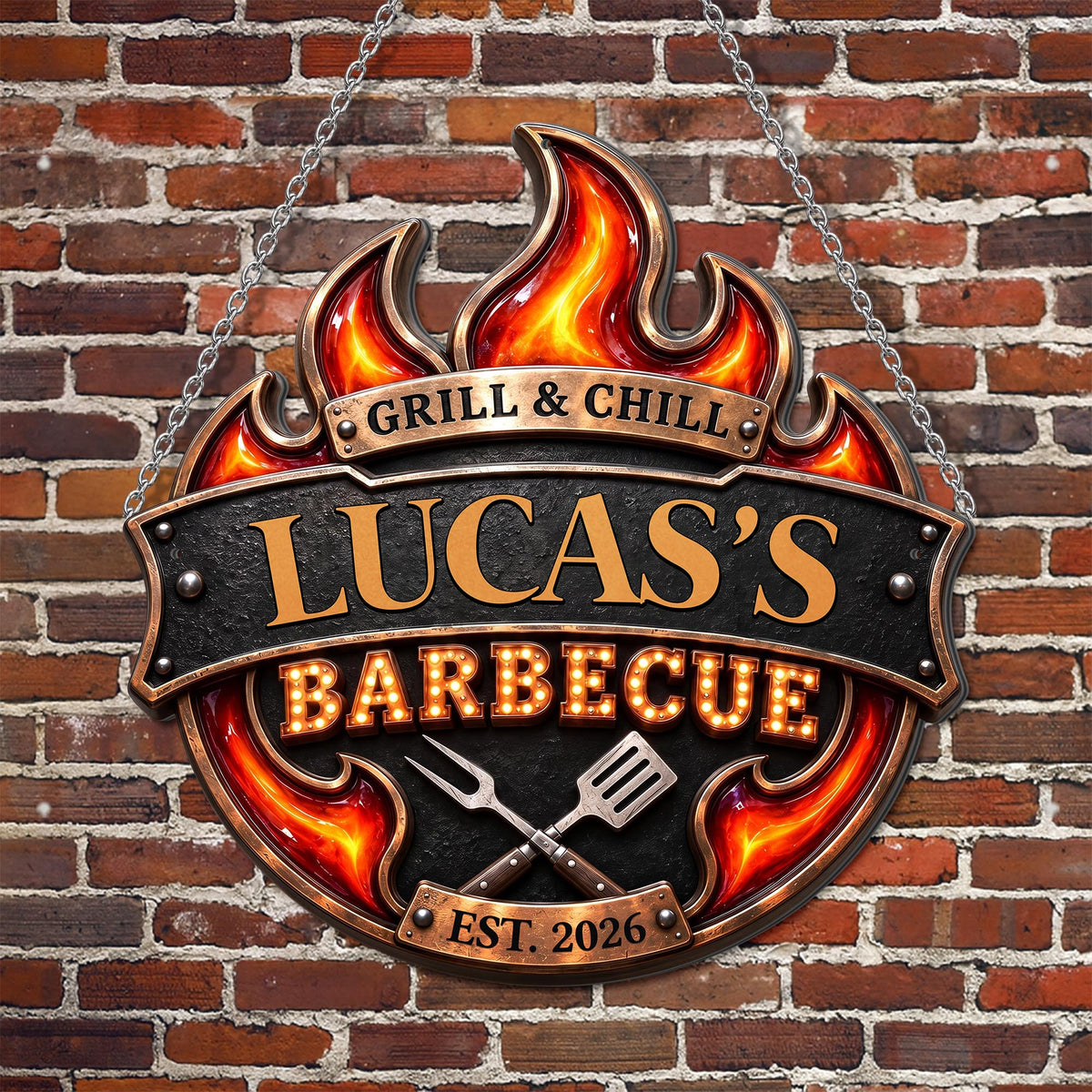 Grill & Chill Barbecue Flame With Spatula And Fork - Personalized Custom Shaped Metal Sign - GRILL019_CUMES