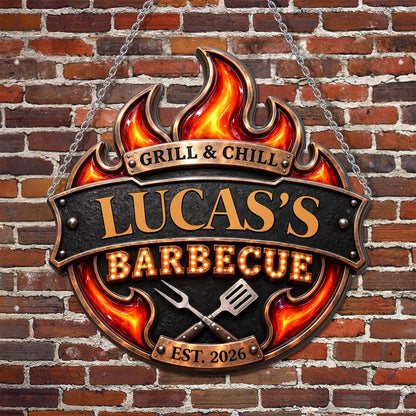 Grill & Chill Barbecue Flame With Spatula And Fork - Personalized Custom Shaped Metal Sign - GRILL019_CUMES