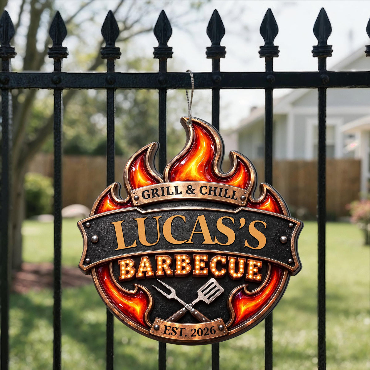 Grill & Chill Barbecue Flame With Spatula And Fork - Personalized Custom Shaped Metal Sign - GRILL019_CUMES