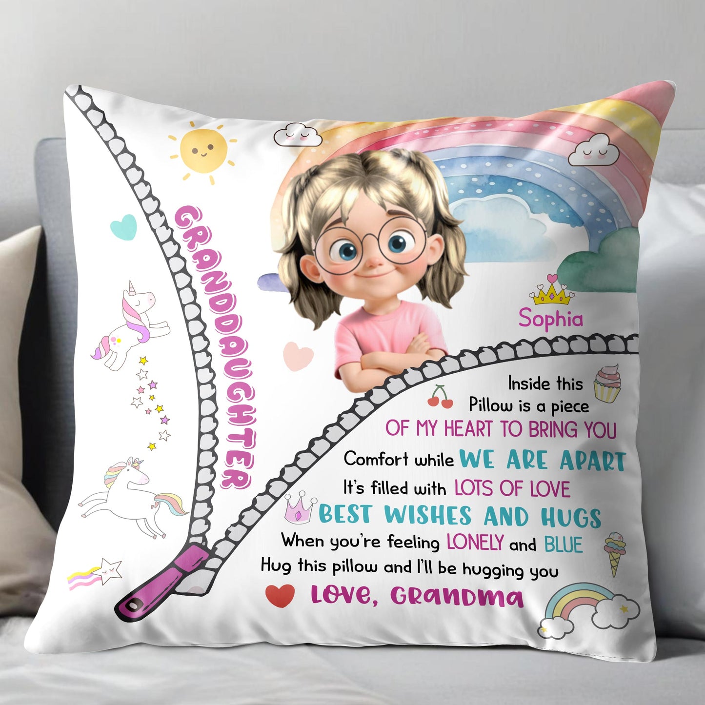 Comfort While We Are Apart, Rainbow and Unicorn Pillow