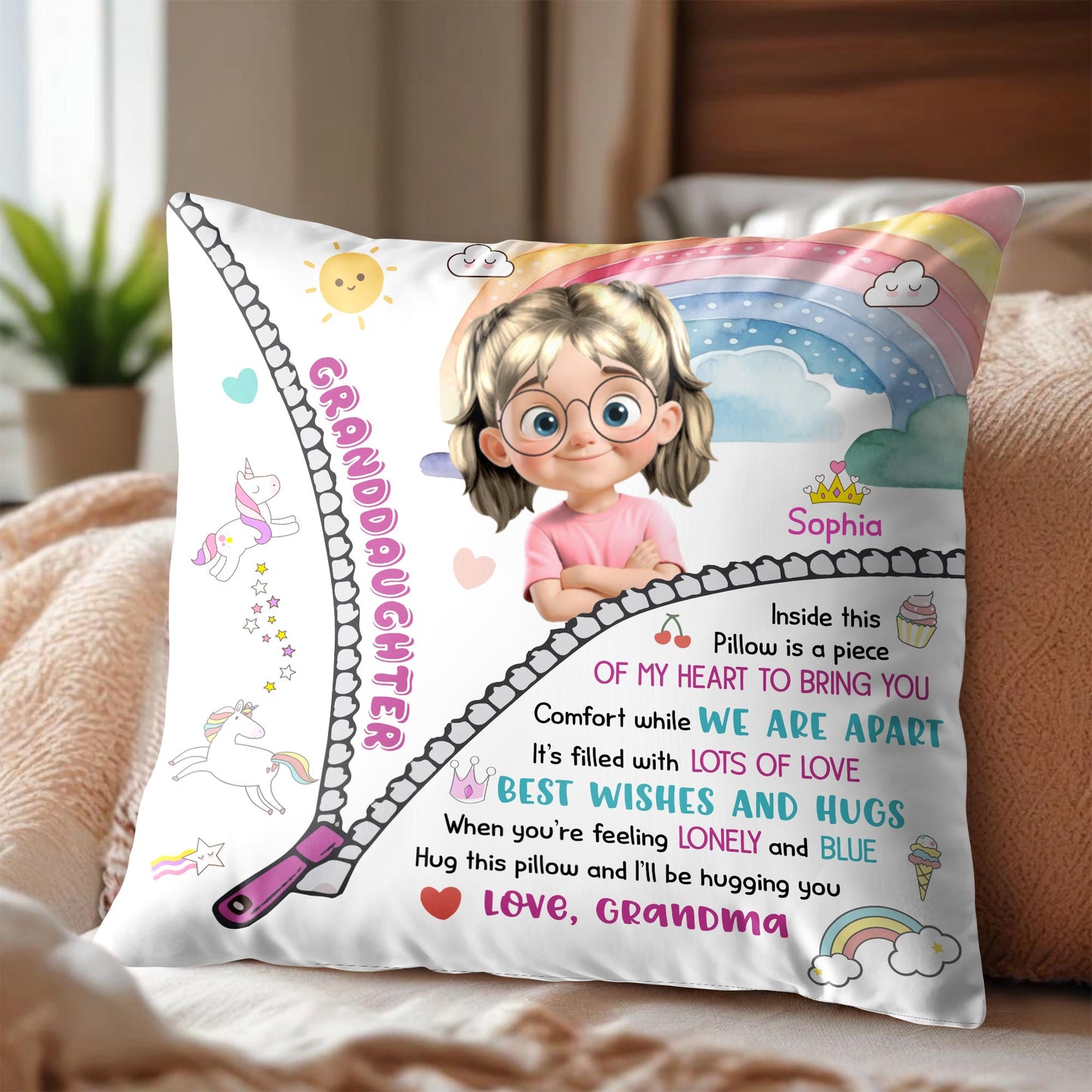 Comfort While We Are Apart, Rainbow and Unicorn Pillow