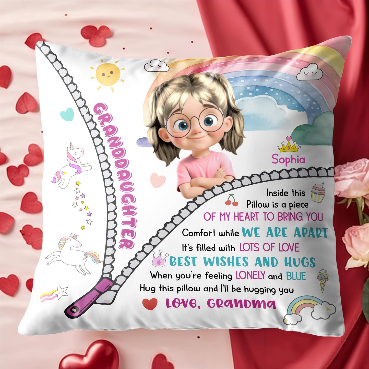 Comfort While We Are Apart, Rainbow and Unicorn Pillow