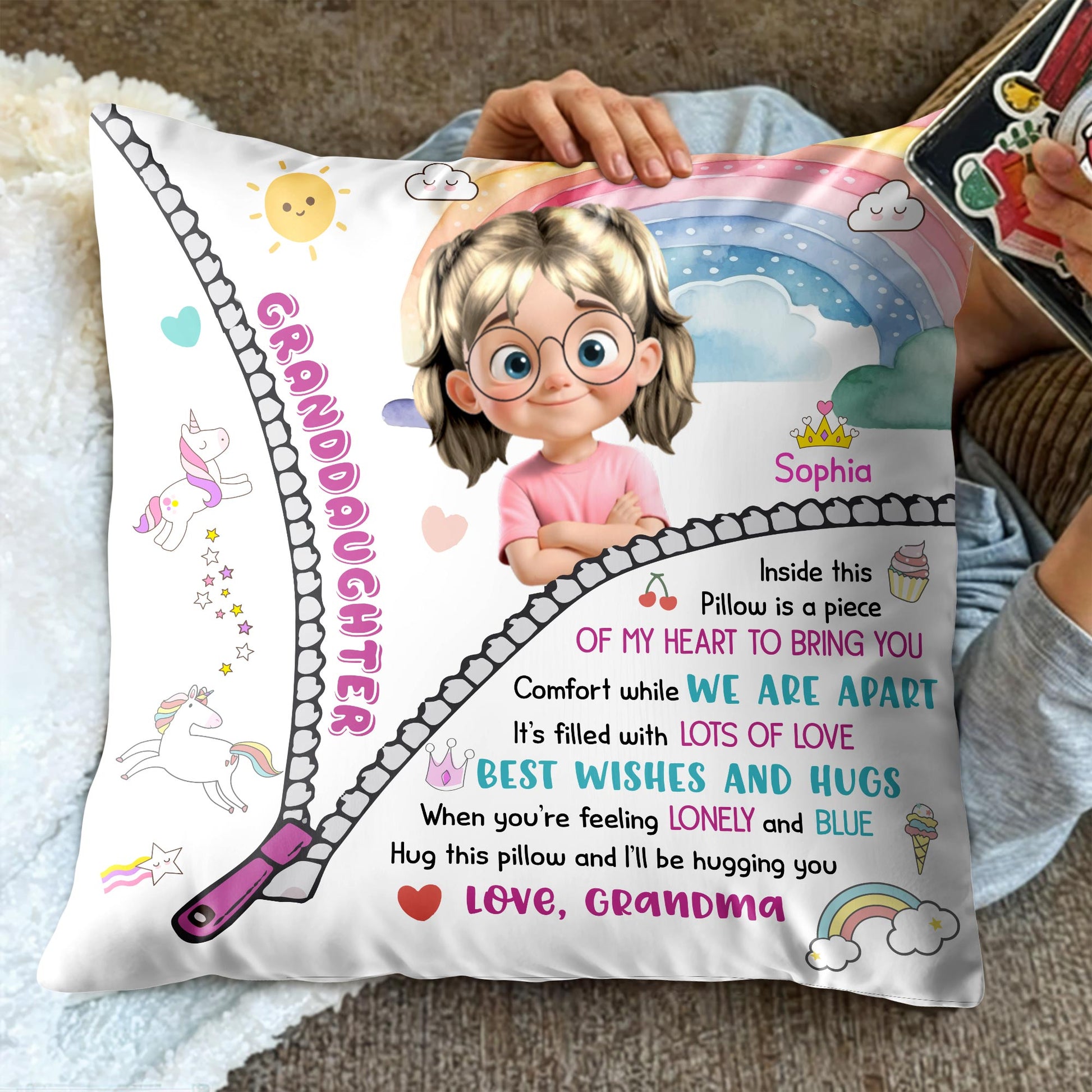 Comfort While We Are Apart, Rainbow and Unicorn Pillow
