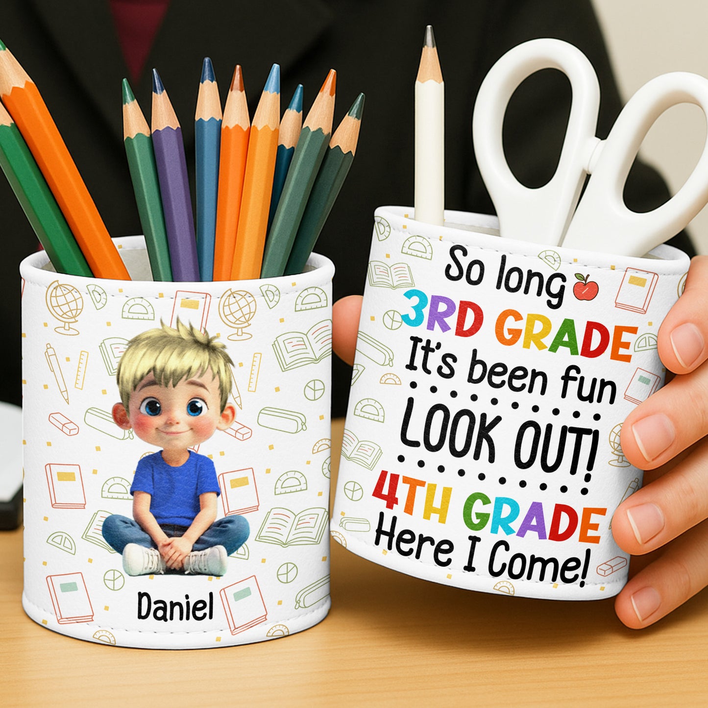 Charming Personalized Scene With School Supplies And Cartoon Character - Personalized Pen Holder - GRK051_PENH