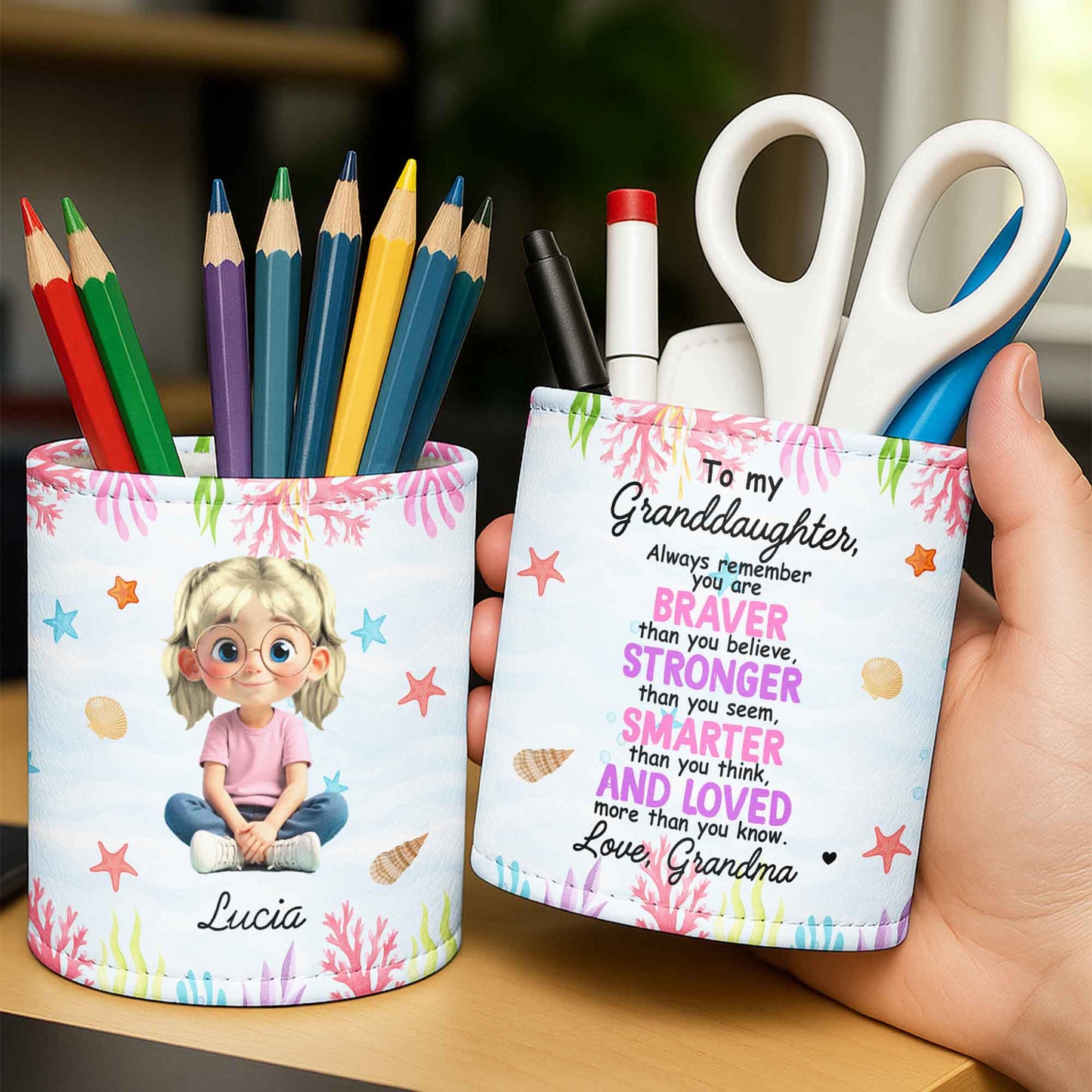 A Girl and Her Ocean Wonders, Starfish and Seashells - Personalized Pen Holder - GRK057_PENH