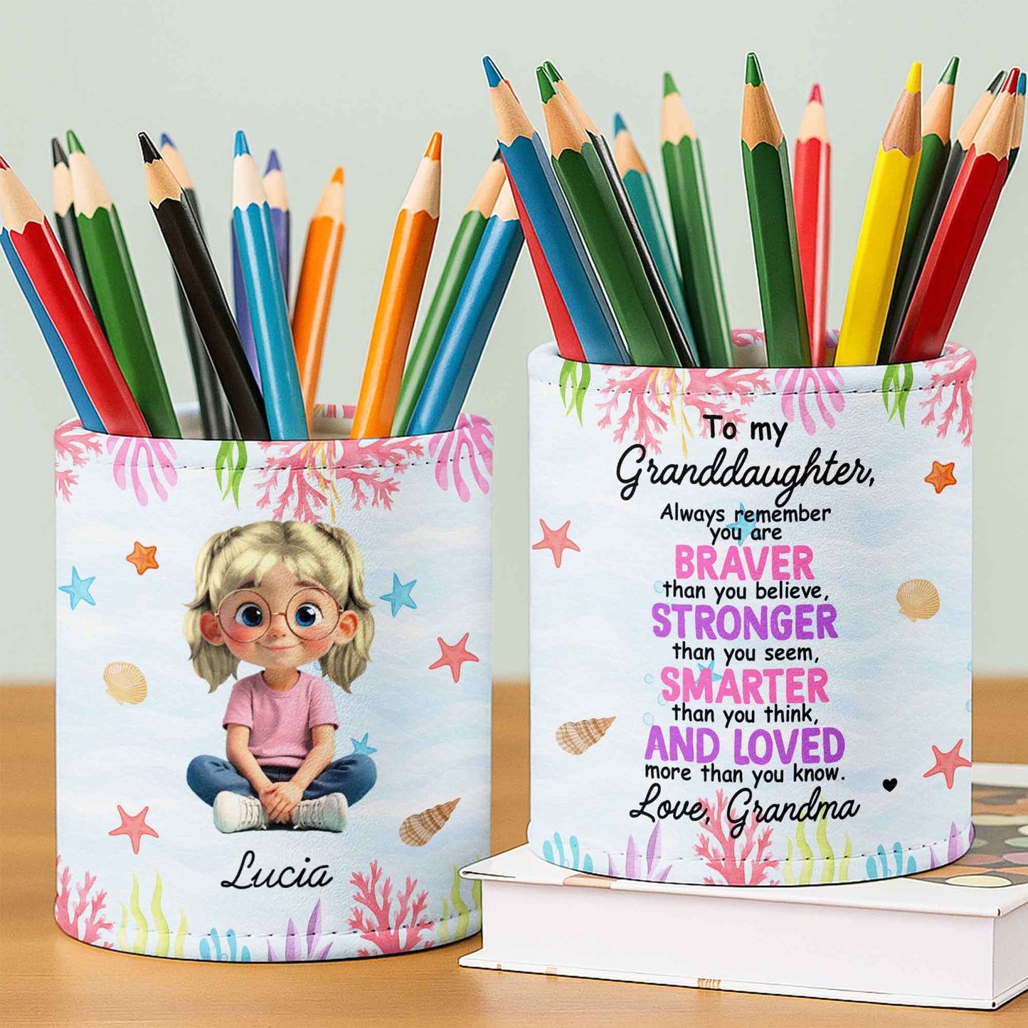 A Girl and Her Ocean Wonders, Starfish and Seashells - Personalized Pen Holder - GRK057_PENH