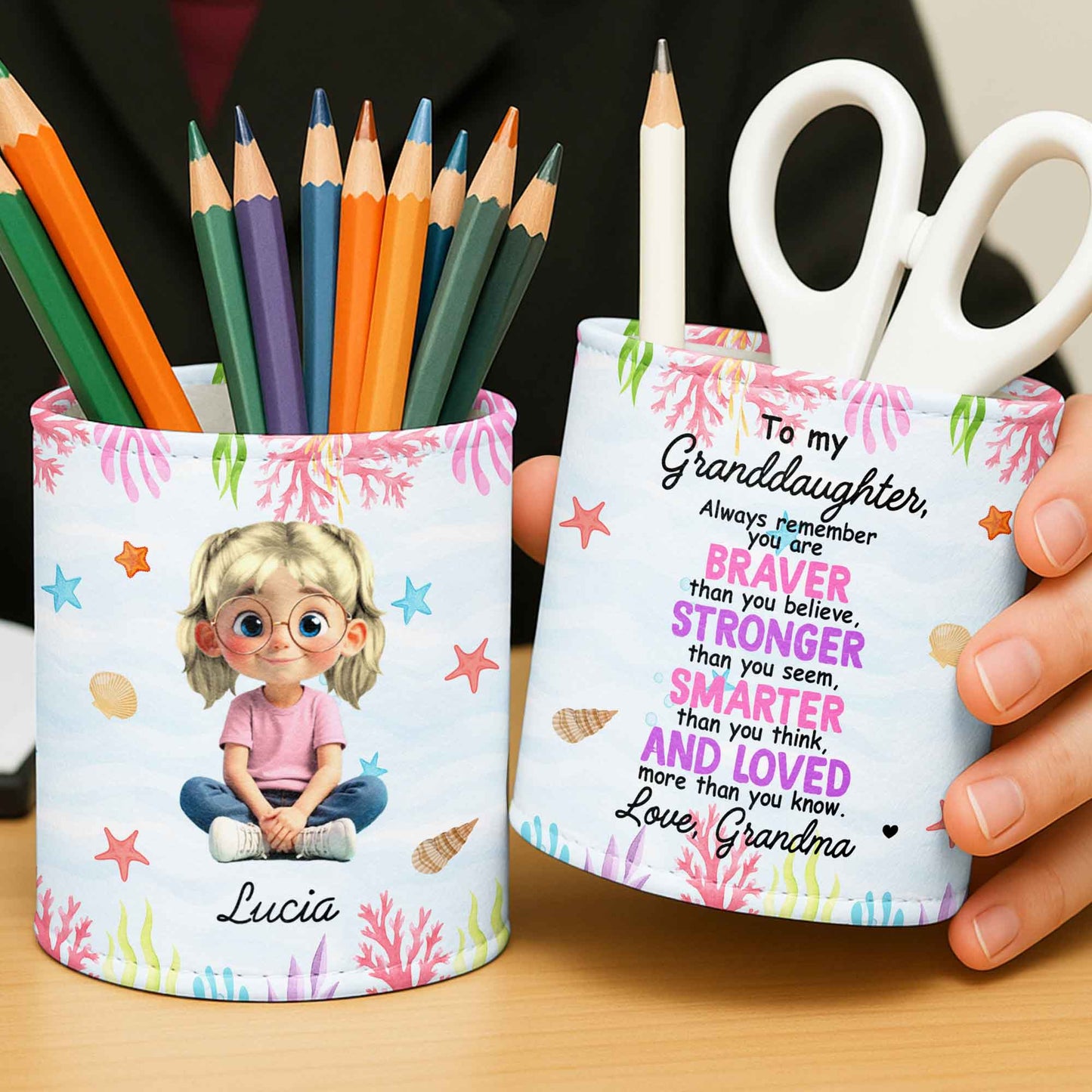 A Girl and Her Ocean Wonders, Starfish and Seashells - Personalized Pen Holder - GRK057_PENH