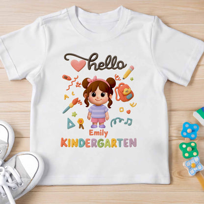 Hello Kindergarten, Cartoon Girl And School Supplies