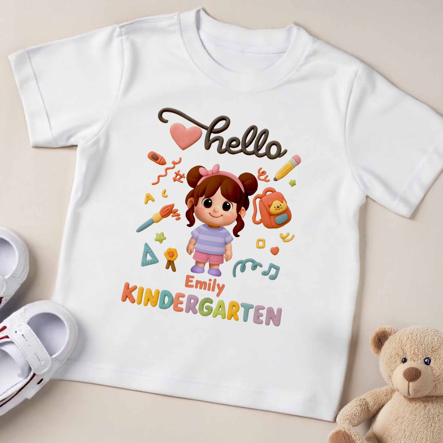 Hello Kindergarten, Cartoon Girl And School Supplies