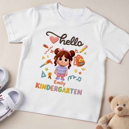 Hello Kindergarten, Cartoon Girl And School Supplies