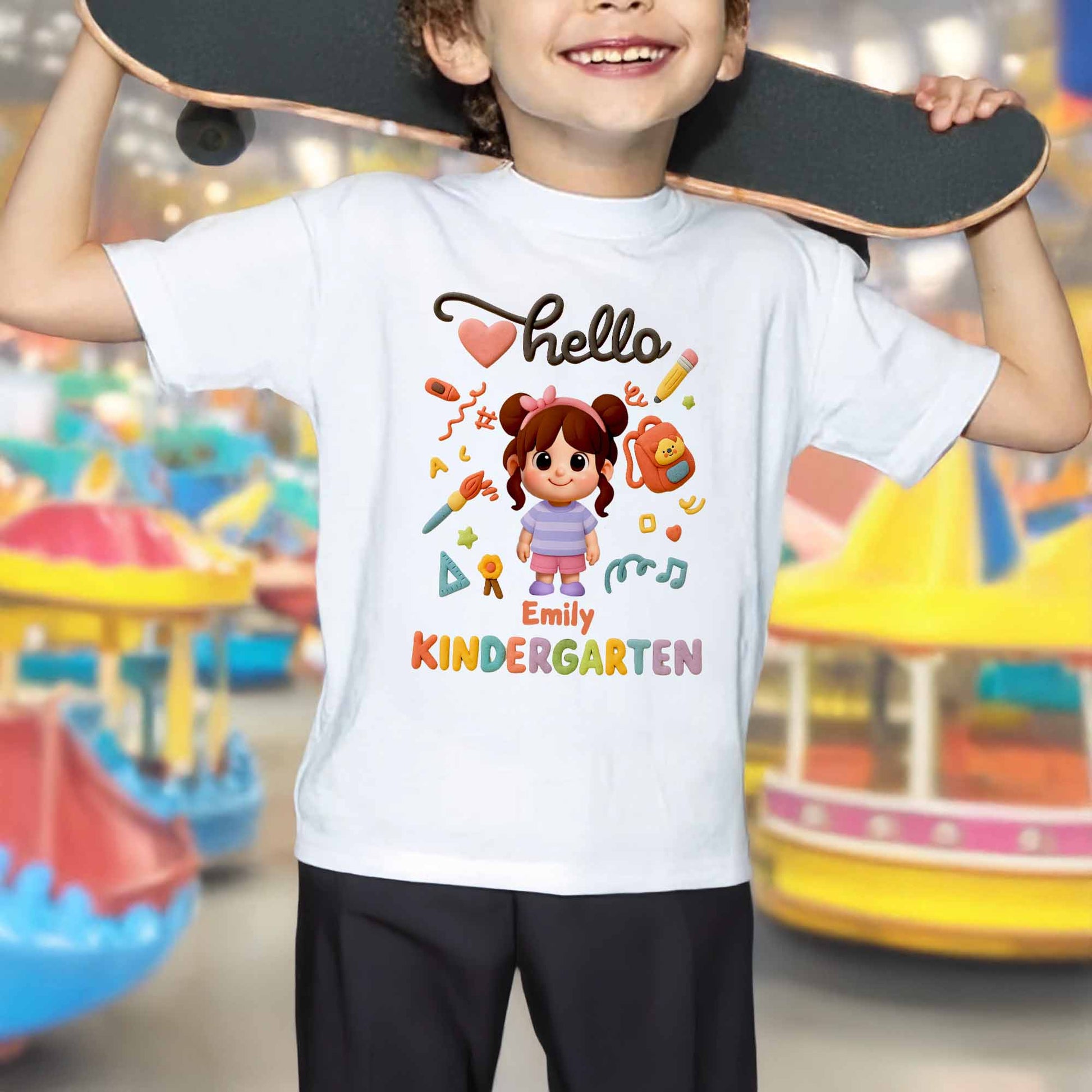 Hello Kindergarten, Cartoon Girl And School Supplies