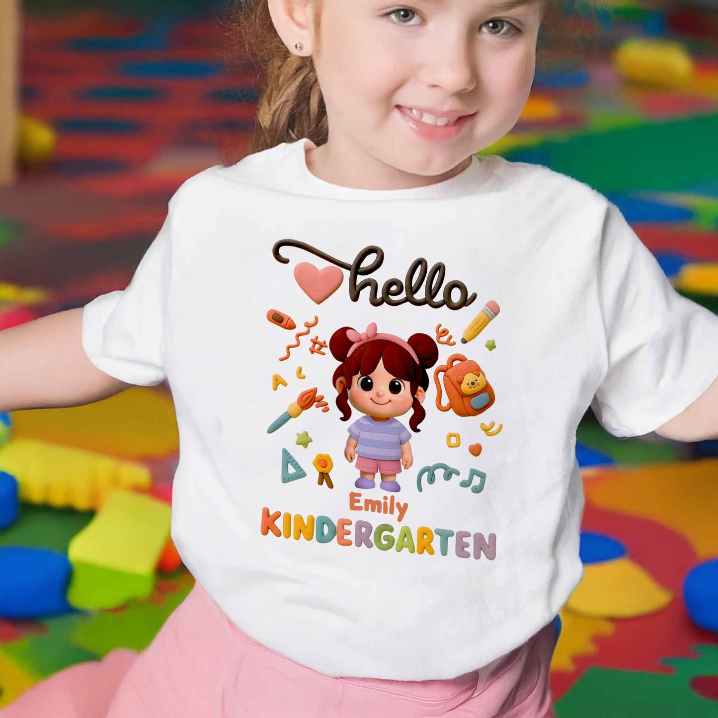 Hello Kindergarten, Cartoon Girl And School Supplies