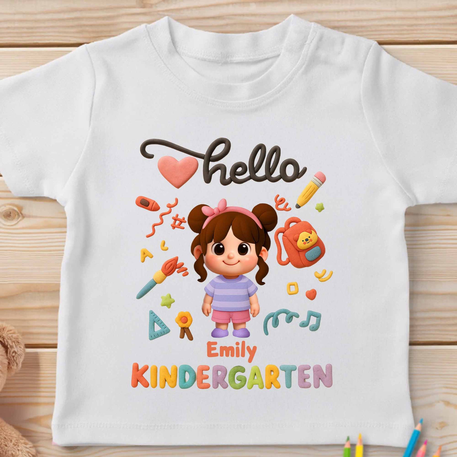 Hello Kindergarten, Cartoon Girl And School Supplies