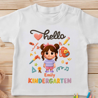 Hello Kindergarten, Cartoon Girl And School Supplies