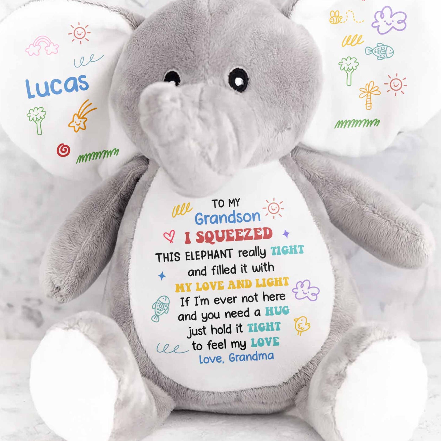 To My Grandson, Feel My Love Elephant With Hearts And Stars - Personalized Elephant Stuffed Animal, Elephant Doll - GRK085_ELEA