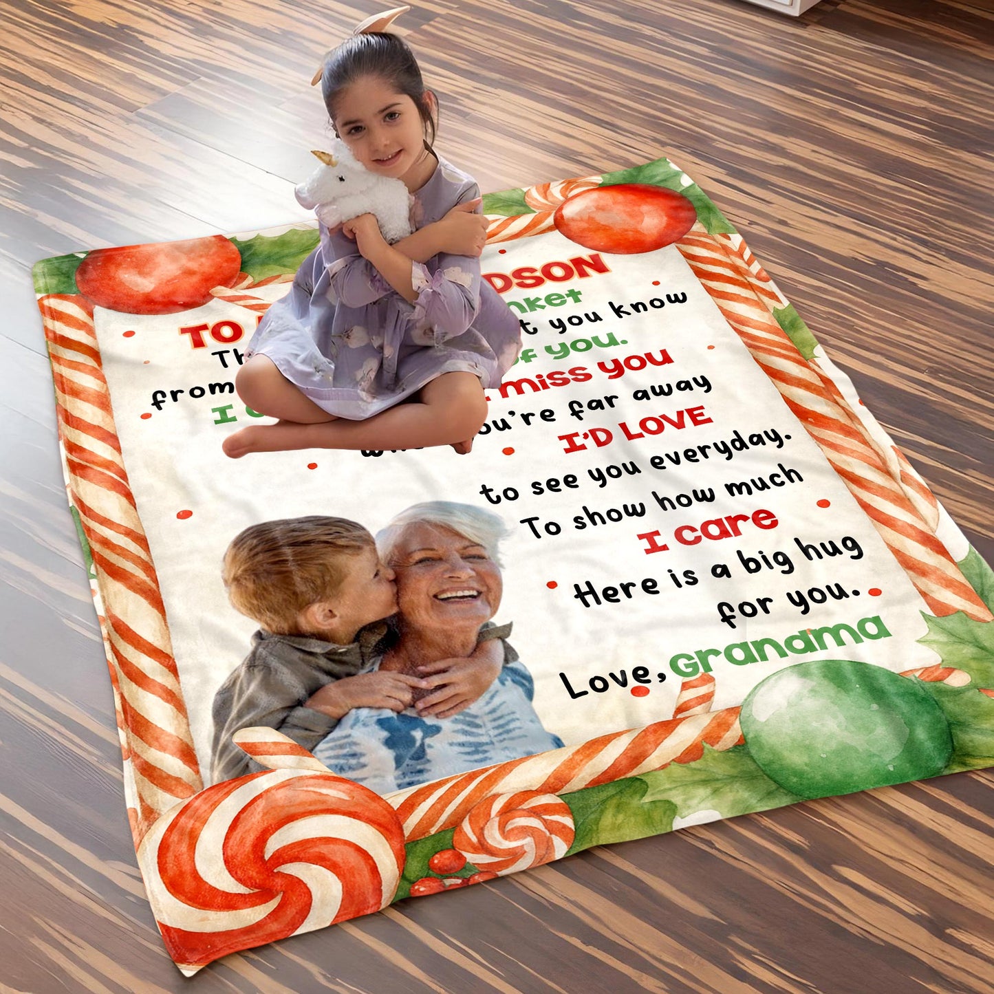 To My Grandson, Hug Blanket With Candy Canes And Holly Leaves