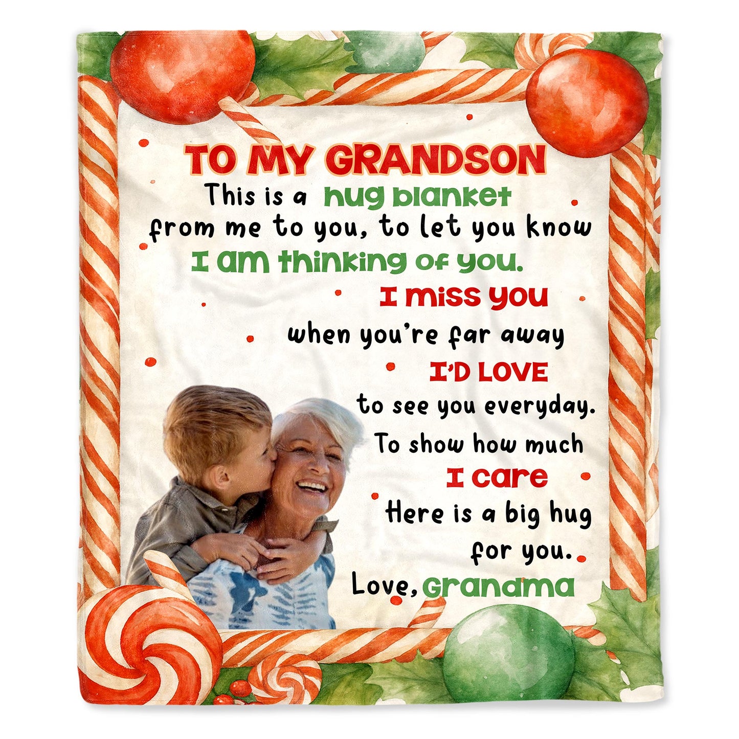 To My Grandson, Hug Blanket With Candy Canes And Holly Leaves