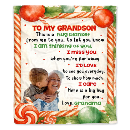 To My Grandson, Hug Blanket With Candy Canes And Holly Leaves