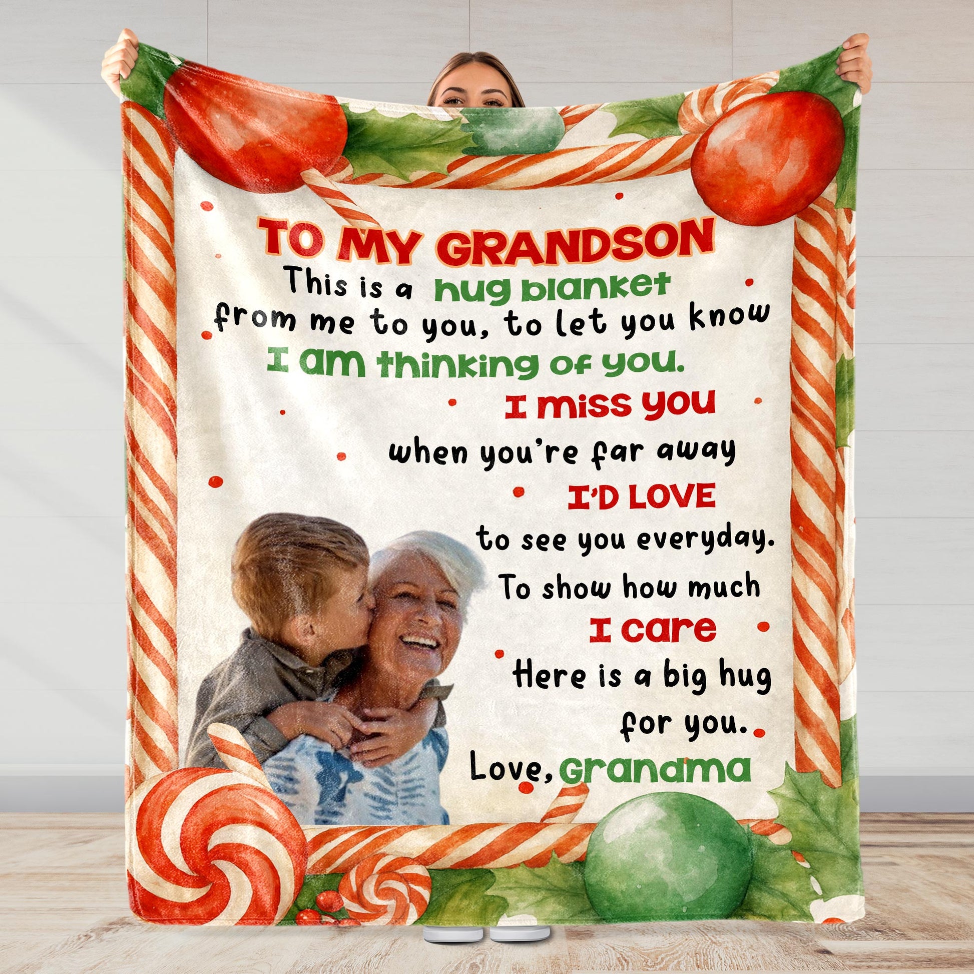 To My Grandson, Hug Blanket With Candy Canes And Holly Leaves
