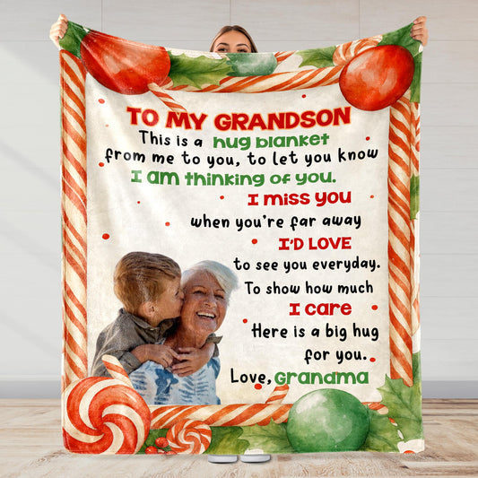 To My Grandson, Hug Blanket With Candy Canes And Holly Leaves