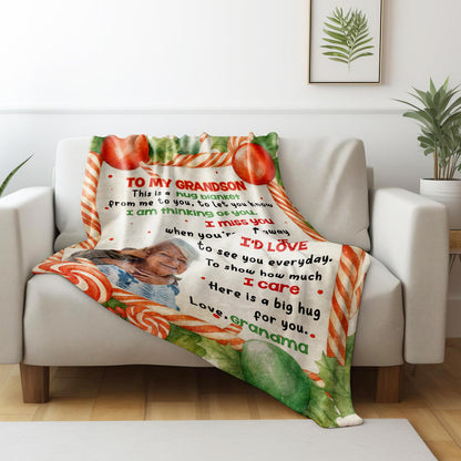 To My Grandson, Hug Blanket With Candy Canes And Holly Leaves