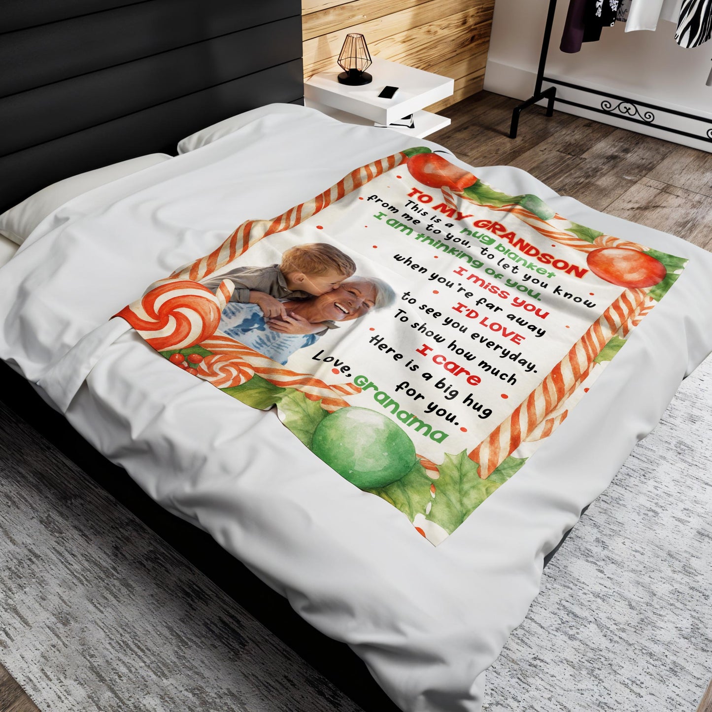 To My Grandson, Hug Blanket With Candy Canes And Holly Leaves