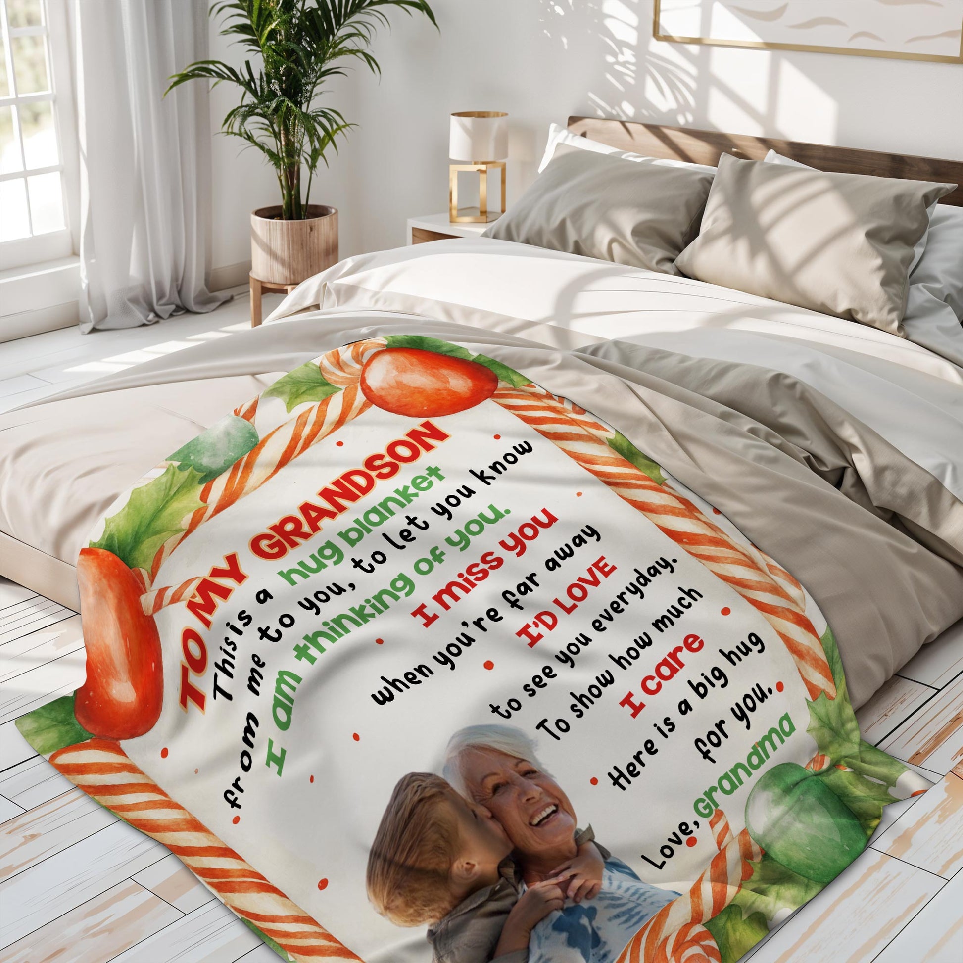 To My Grandson, Hug Blanket With Candy Canes And Holly Leaves