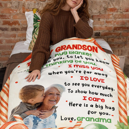 To My Grandson, Hug Blanket With Candy Canes And Holly Leaves
