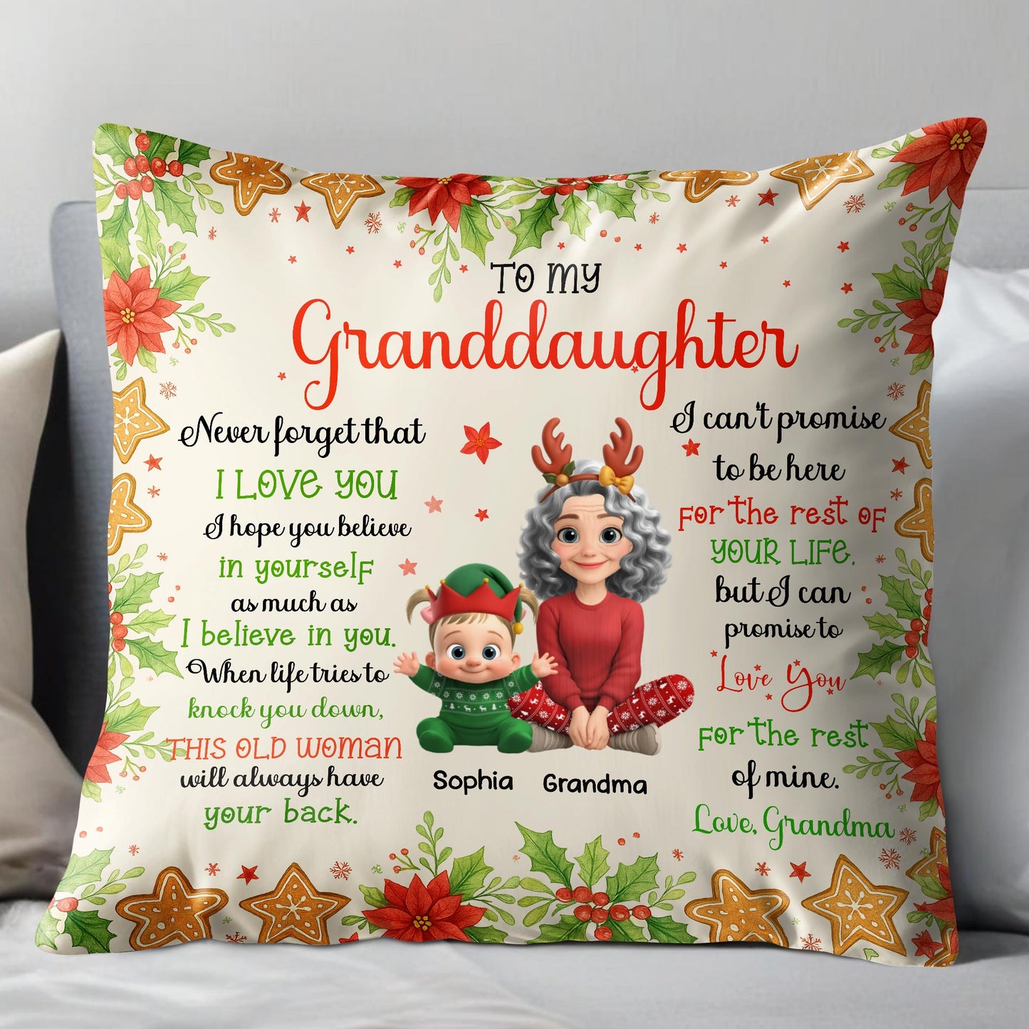 To My Granddaughter, Love Grandma, Flowers And Christmas Ornaments