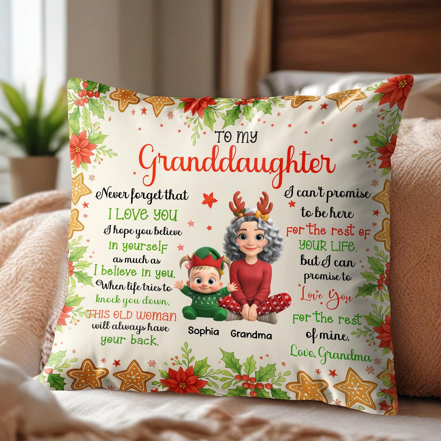 To My Granddaughter, Love Grandma, Flowers And Christmas Ornaments