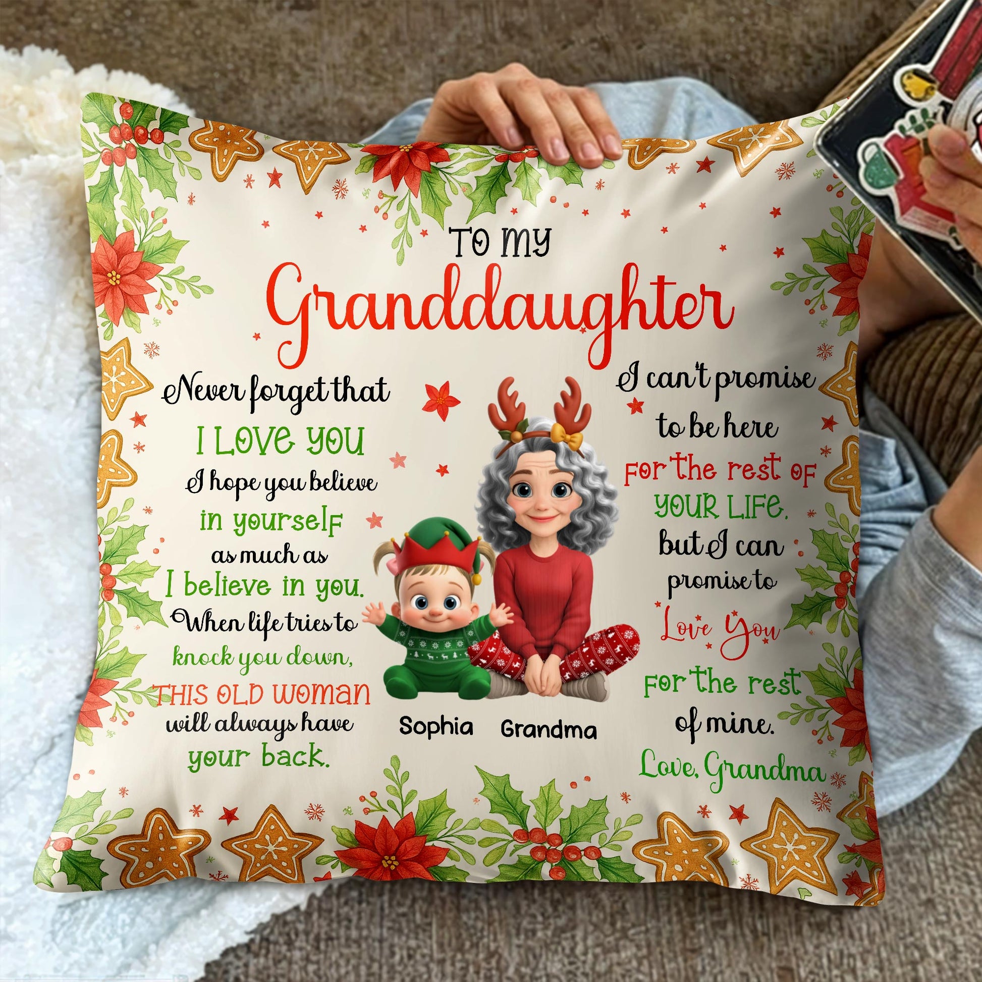 To My Granddaughter, Love Grandma, Flowers And Christmas Ornaments